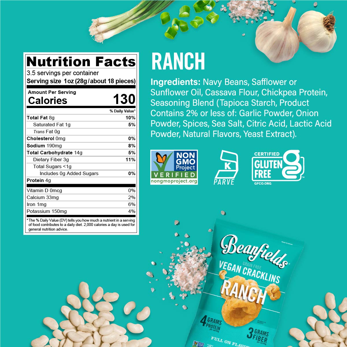 Beanfields Vegan Cracklins -3 Flavor Variety Pack Korean BBQ, Aged White Cheddar & Ranch - 24 Pack