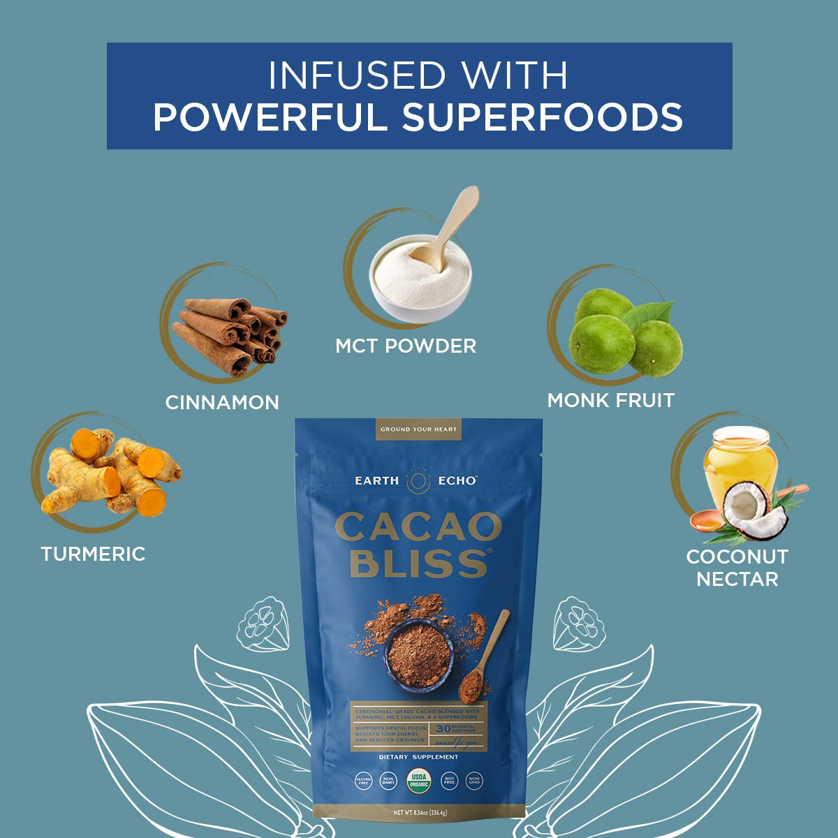 Earth Echo: Cacao Bliss - Organic Chocolate Powder Mix with Cinnamon, Turmeric, MCT Oil and Lucuma - 30 Servings