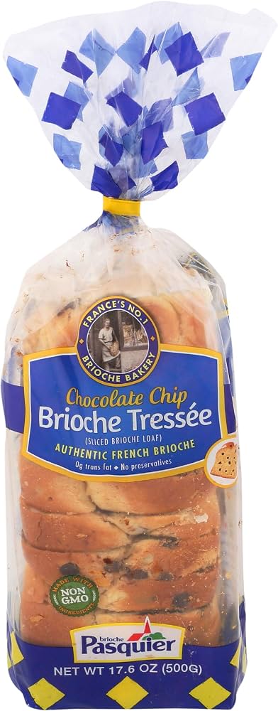 A loaf of Pasquier Chocolate Chip Brioche Tressée in a clear plastic bag with a blue and white patterned top, a yellow band, and a blue front label.