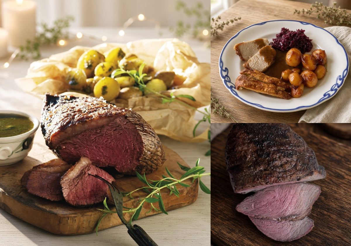 three-photo collage: Danish holiday meal inspiration featuring sliced beef roasts and roast pork with potatoes and red cabbage