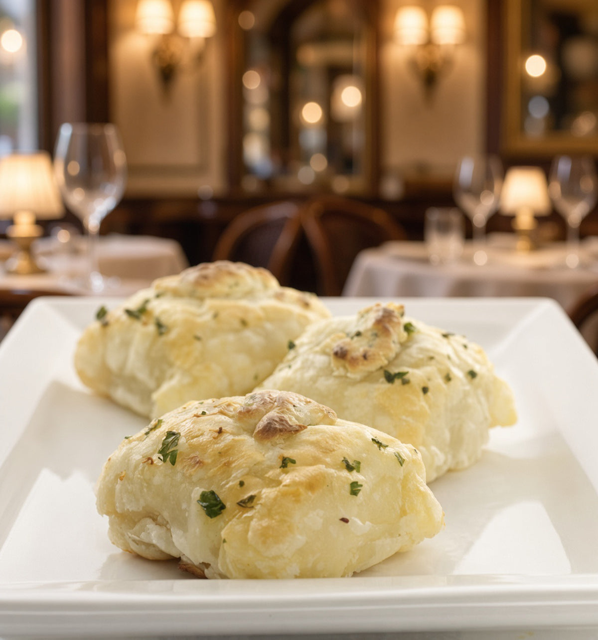 Three herb-topped petite Coq au Vin bites on a square white plate in a restaurant setting