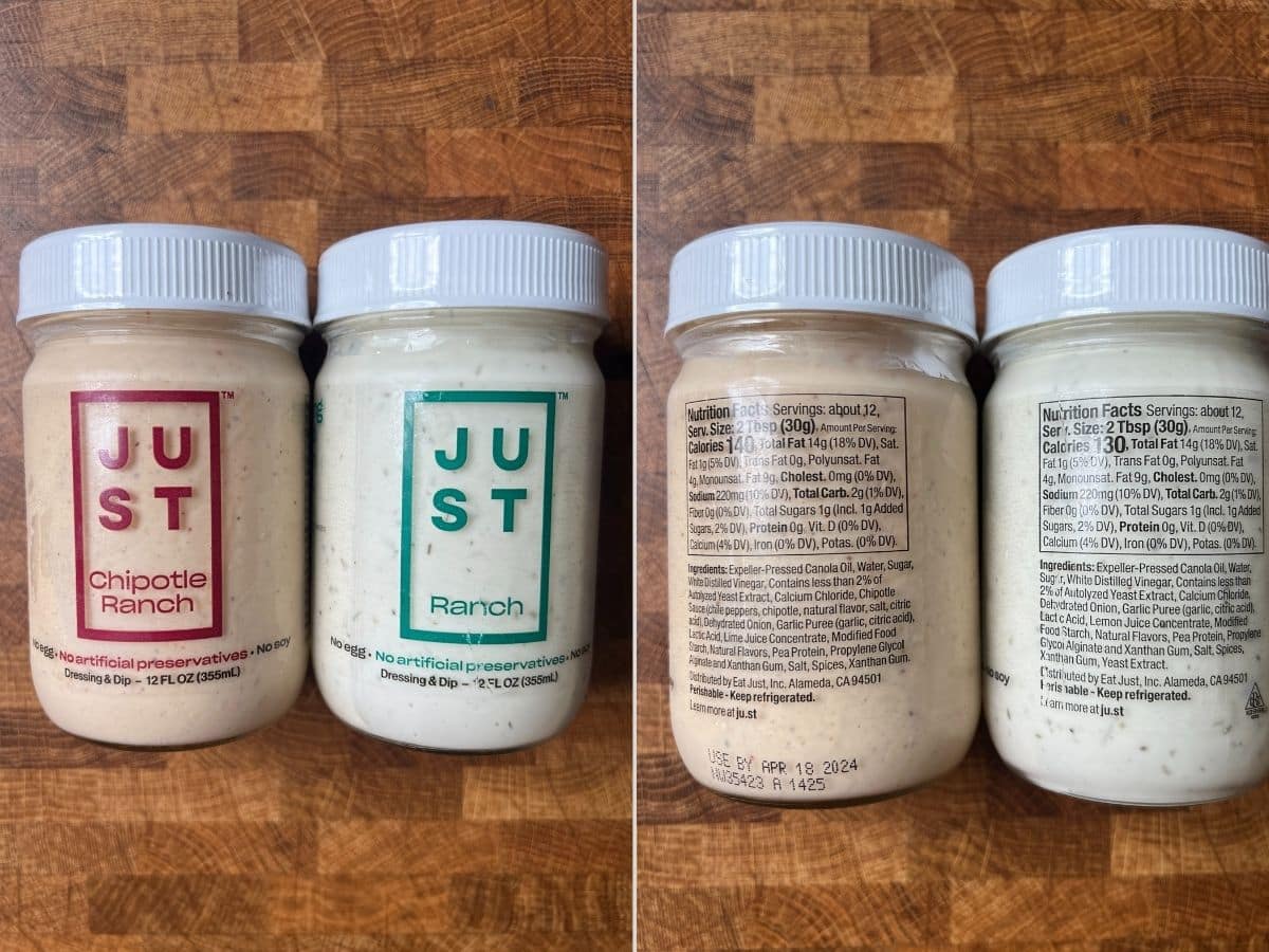Two jars of Chipotle Ranch dressing shown side by side on a wooden surface, with the left side showing the front labels and the right side showing the back labels.