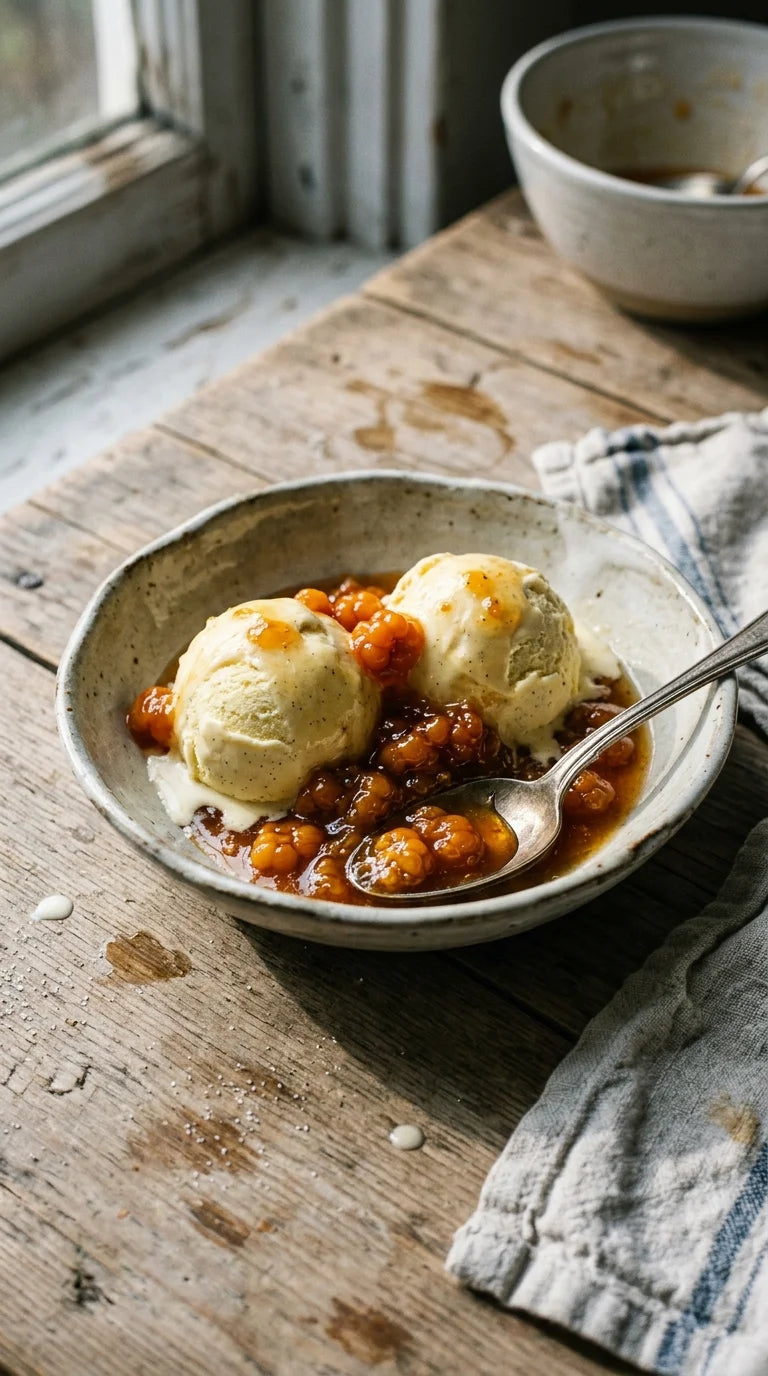 Two scoops of vanilla ice cream in a speckled ceramic bowl, topped with a glossy amber fruit compote and a metal spoon, set on a rustic wooden table near a window.