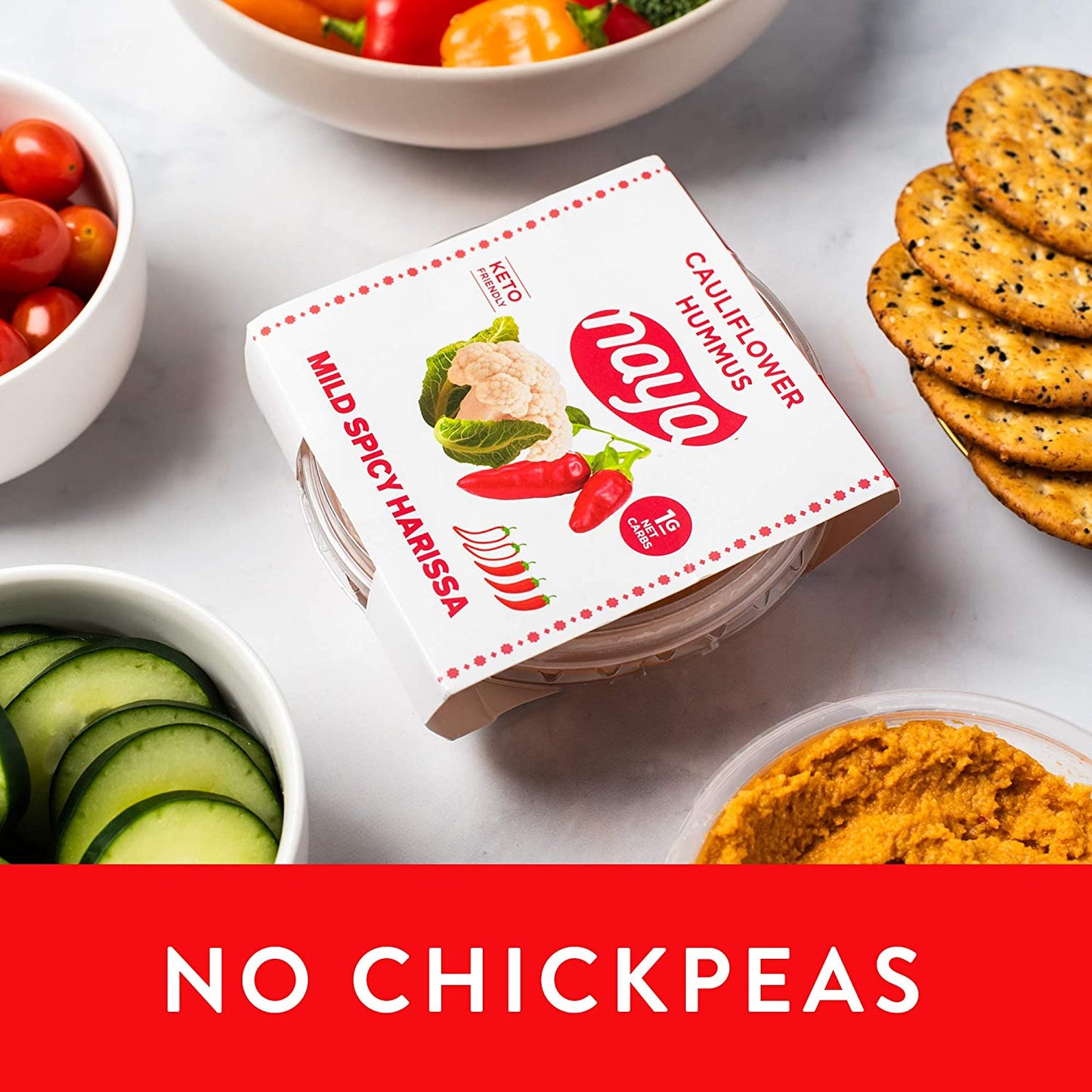 Cauliflower Dip Hummus Snack Pack - Mild Harissa Flavor with Sea Salt