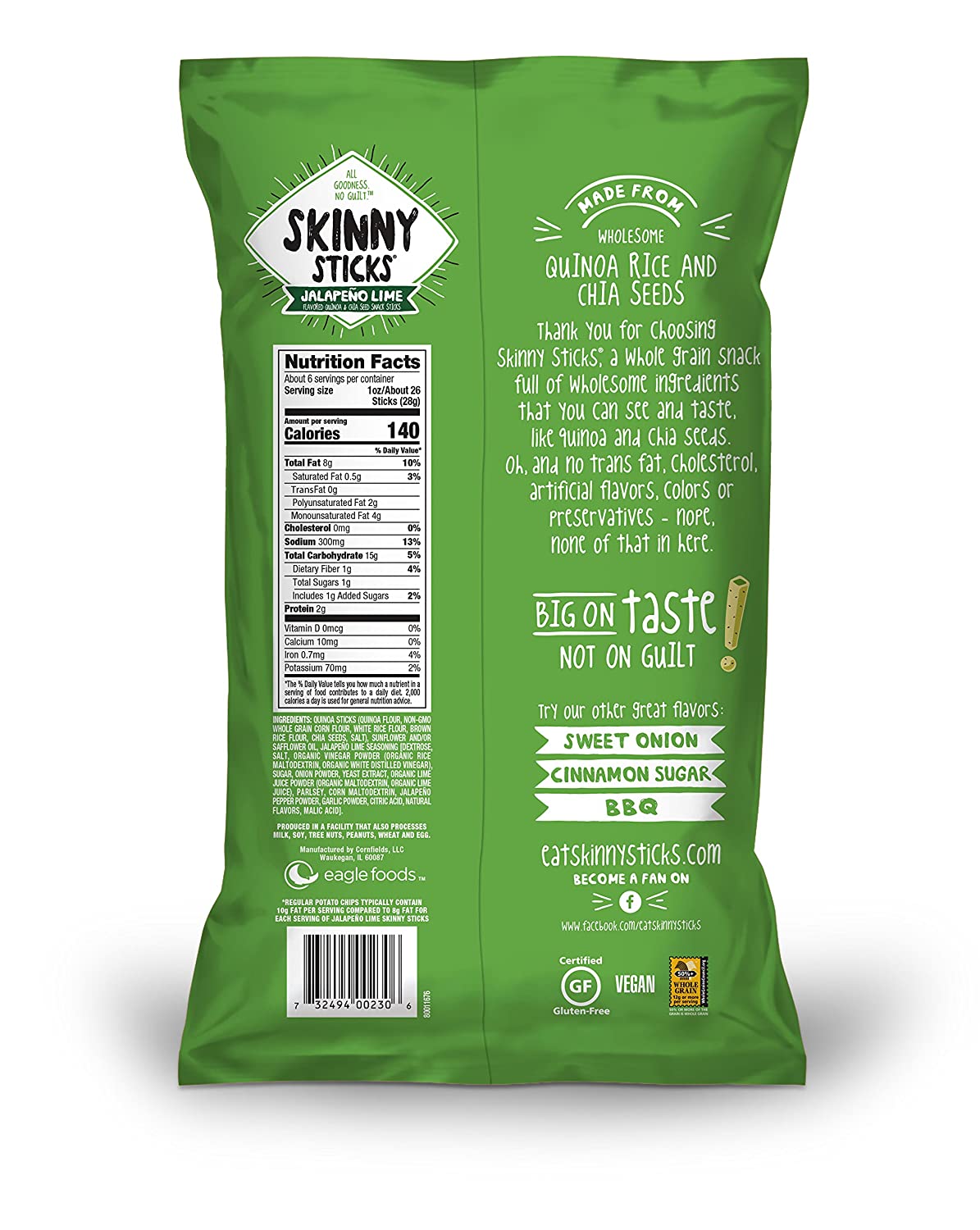Skinny Sticks Quinoa & Chia Seed Snack, Jalapeno Lime, 6.5 Oz - 6 Pack
