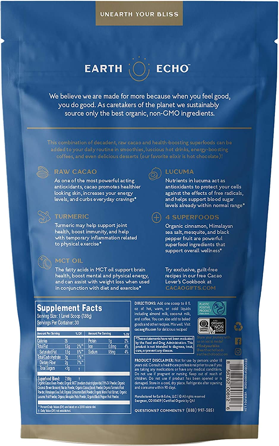 Earth Echo: Cacao Bliss - Organic Chocolate Powder Mix with Cinnamon, Turmeric, MCT Oil and Lucuma - 30 Servings