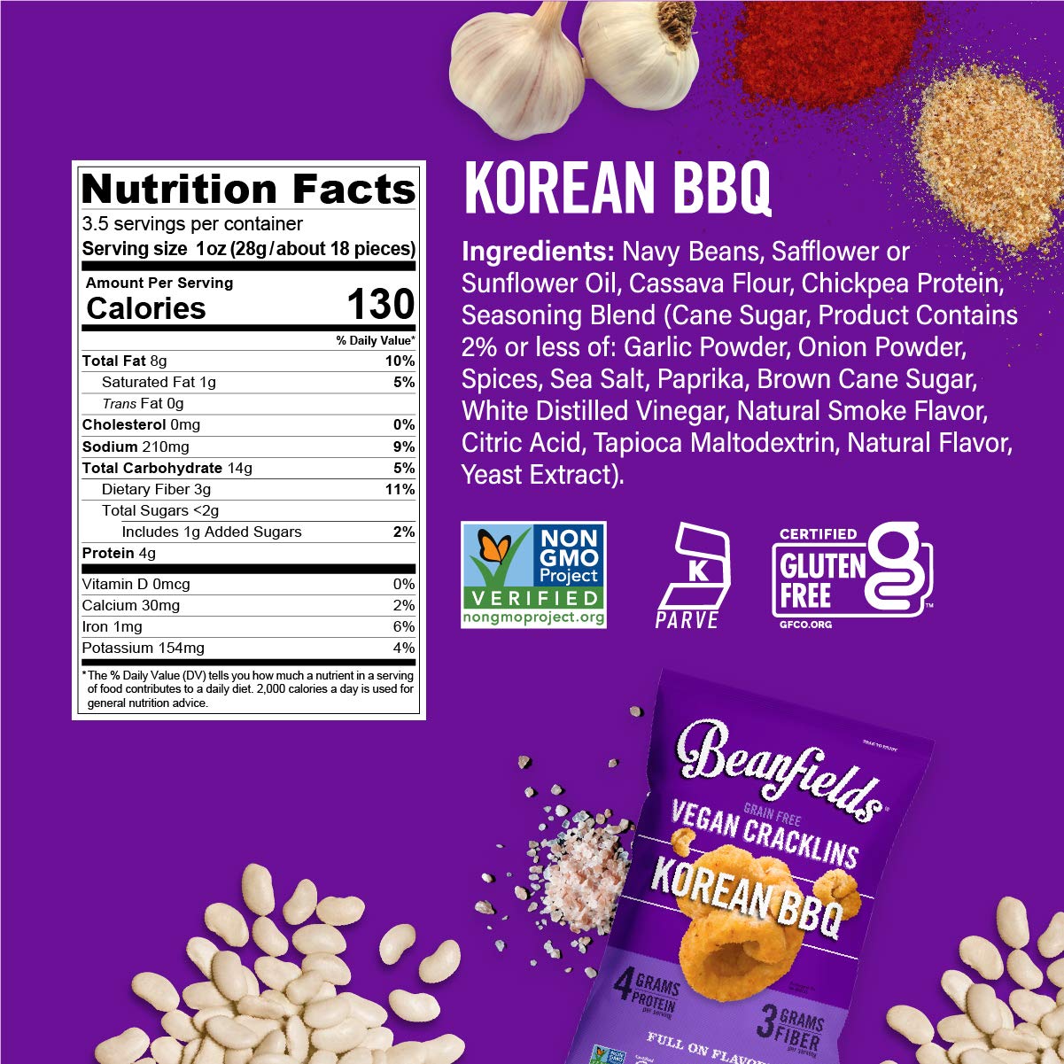 Beanfields Vegan Cracklins -3 Flavor Variety Pack Korean BBQ, Aged White Cheddar & Ranch - 24 Pack