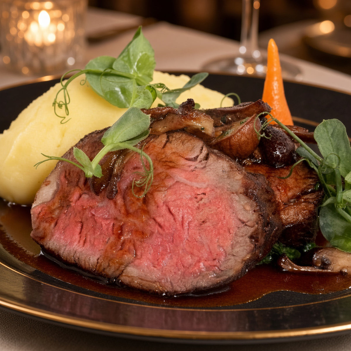 A plated slice of medium-rare prime rib roast with browned exterior, served with mashed potato, green pea shoots, a carrot, and dark sauce on a black plate.