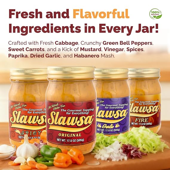 Four jars of Slawsa gourmet toppings arranged on a wooden surface with chopped cabbage, carrots, green peppers, garlic, and mustard. Large text at the top reads 'Fresh and Flavorful Ingredients in Jar!' with ingredient descriptions above the jars.