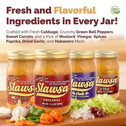 Four jars of Slawsa gourmet toppings arranged on a wooden surface with chopped cabbage, carrots, green peppers, garlic, and mustard. Large text at the top reads 'Fresh and Flavorful Ingredients in Jar!' with ingredient descriptions above the jars.