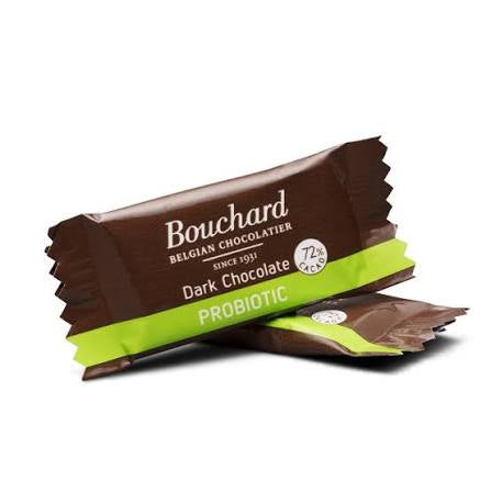 individually wrapped chocolates: Individually wrapped Bouchard 72% cacao probiotic dark chocolates in brown and green wrappers