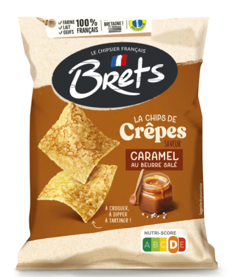 Front of Brets Salted Butter Caramel crêpe-chip bag labeled Caramel au Beurre Salé
