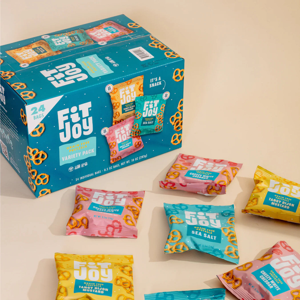 FitJoy Pretzel Variety Pack — Sea Salt, Dijon Mustard & White Cheddar, Gluten-Free, Grain-Free, 24 Count (0.5 oz)
