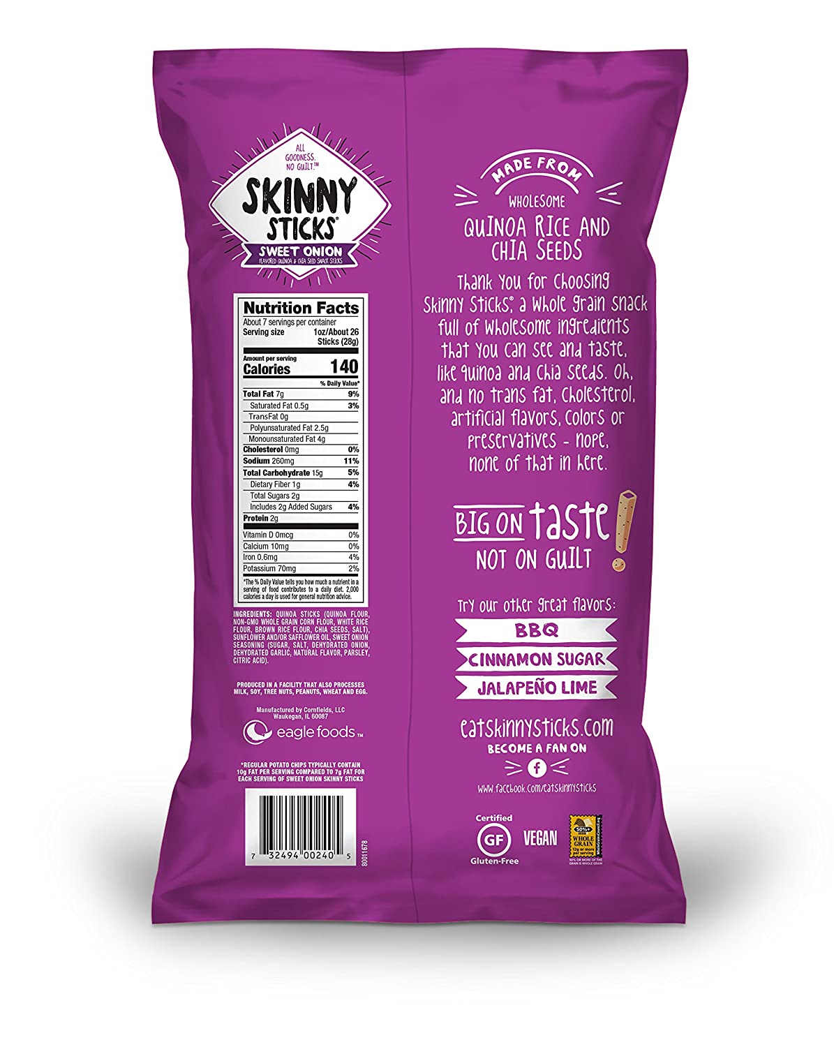 Skinny Sticks Quinoa & Chia Seed Snack, Sweet Onion, 6.5 Oz - 6 Pack