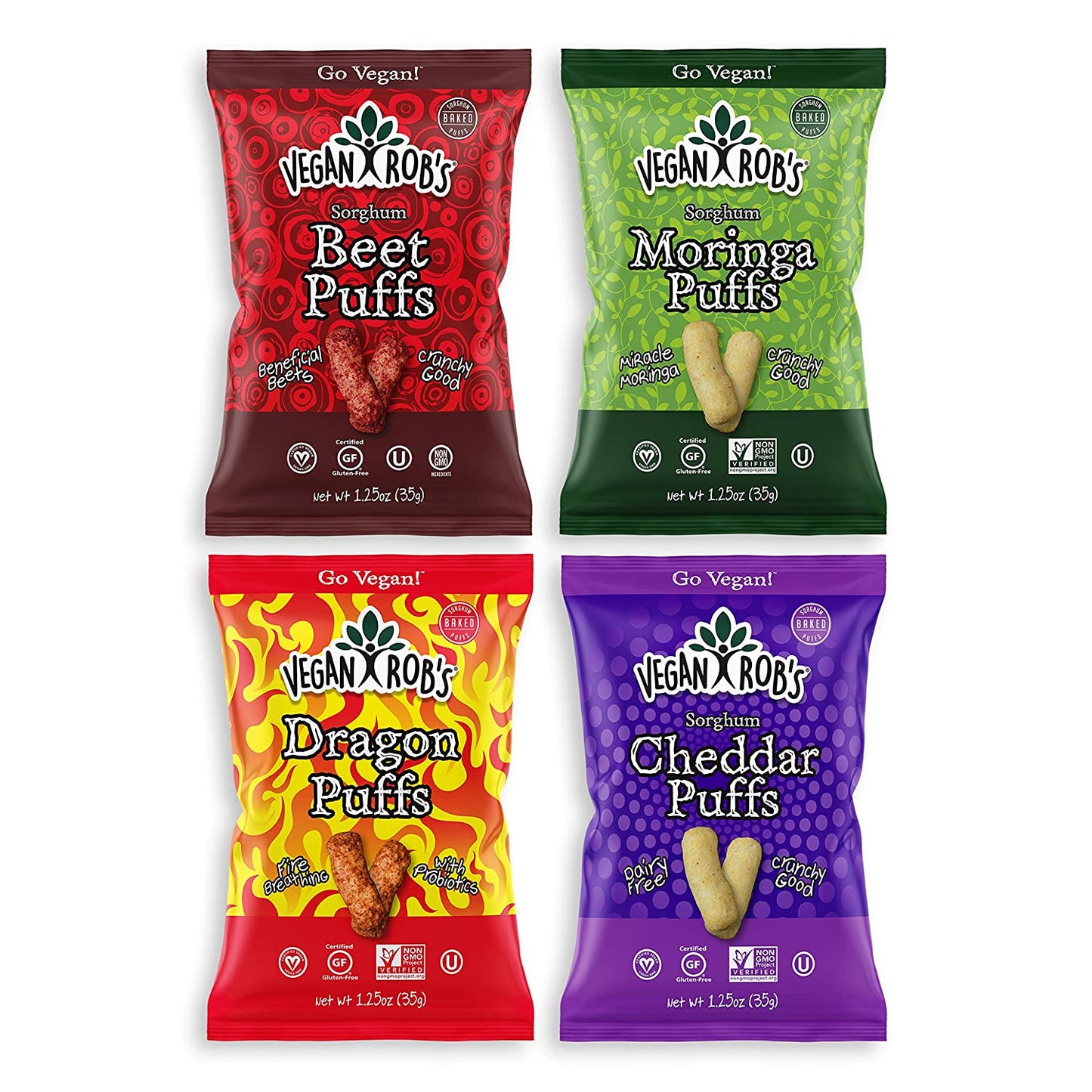 Vegan Rob's Puffs, Variety Pack With Beet, Dairy Free Cheddar, Probiotic Dragon & Moringa, 1.25 oz - Includes 12