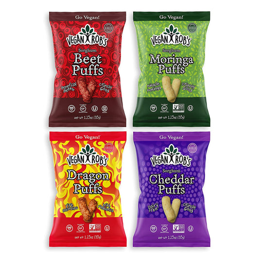 Vegan Rob's Puffs, Variety Pack With Beet, Dairy Free Cheddar, Probiotic Dragon & Moringa, 1.25 oz - Includes 12