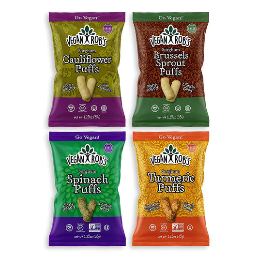 Vegan Rob's Puffs, Variety Pack With Brussel Sprout, Probiotic Cauliflower, Spinach, & Tumeric, 1.25 oz - includes 12