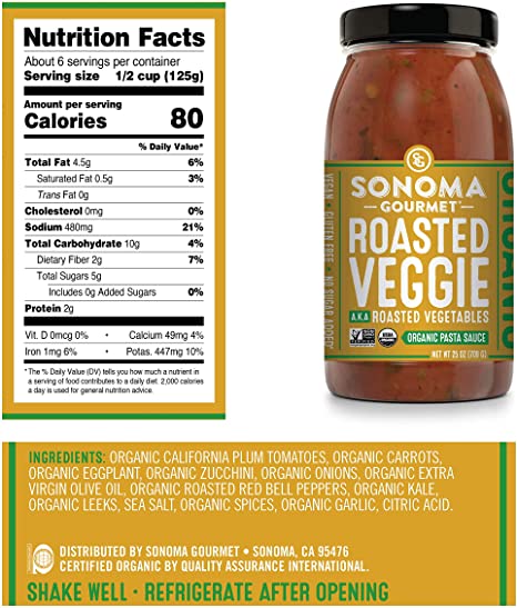 Roasted Vegetables Pasta Sauce - Organic, Paleo, Keto, Gluten Free - 6 Pack