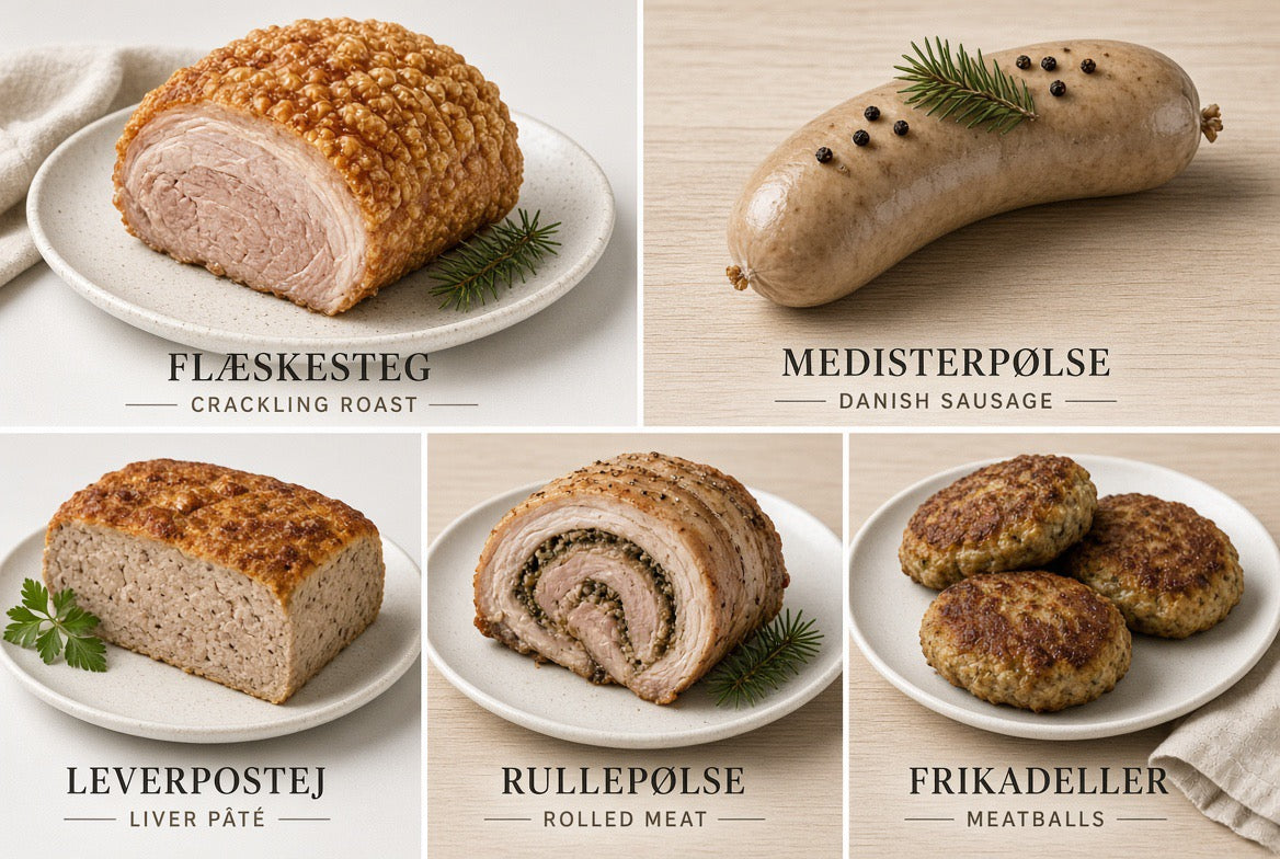 Labeled collage of Scandinavian pork roast, sausage, liver pâté, rolled pork, and meatballs.