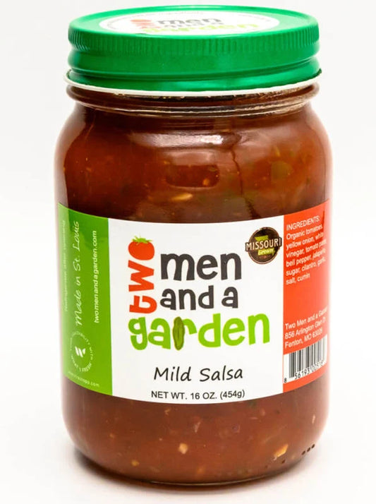 Two Men and a Garden Mild Salsa in a 16 oz glass jar with a green lid.
