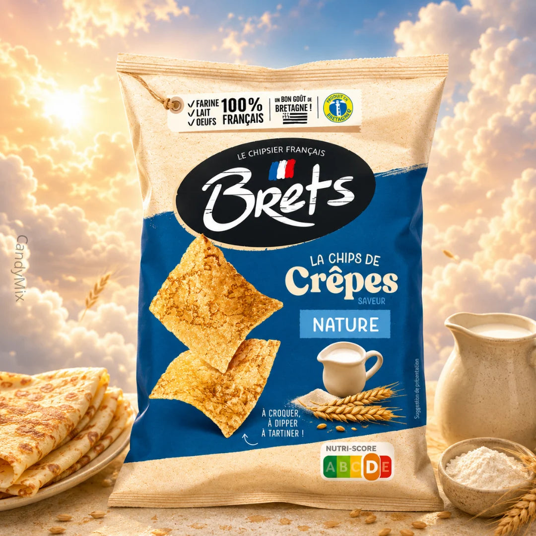 Brets Nature plain crêpe-chip bag with crêpes, flour and a milk jug against a golden sky
