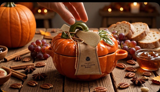 An orange pumpkin-shaped ceramic pot with a lid, styled on a rustic wooden table with autumn ingredients like bread, grapes, cinnamon, and star anise. A hand is placing a green leaf on top of the pot, which has a paper tag reading 'Ceramic Brie Cheese Bakes'.