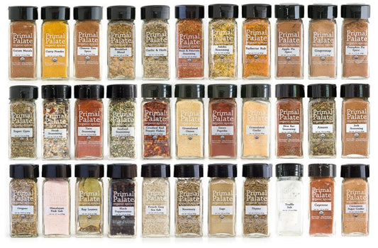 Collection of Primal Palate spice jars on a white background