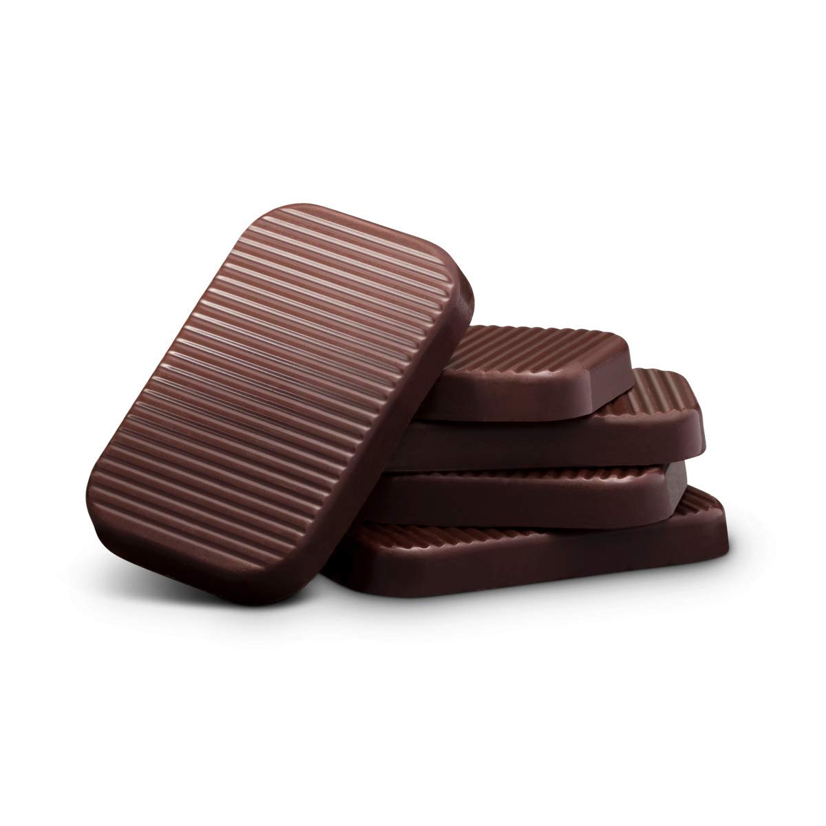 stacked unwrapped chocolates: Ridged Bouchard dark chocolate Napolitains stacked on a white background