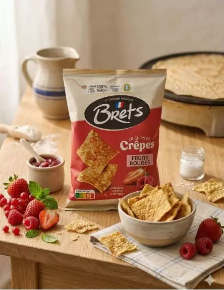 Brets Red Berries crêpe-chip bag beside strawberries, raspberries and a bowl of golden crisps
