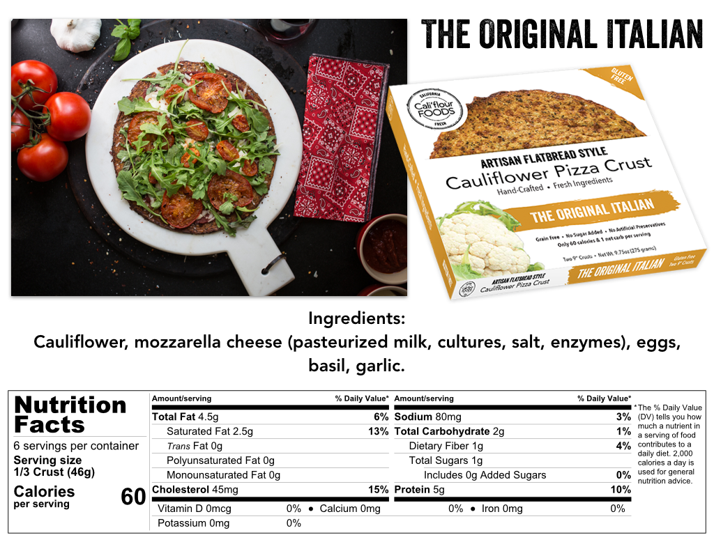 Cali'flour Foods Gluten Free, Low Carb Cauliflower Original Italian Pizza Crusts - (2 Total Crusts Per Box)