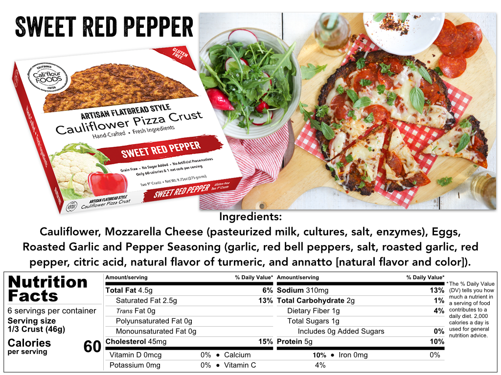 Cali'flour Foods Gluten Free Low Carb Cauliflower Sweet Red Pepper Pizza Crusts - 3 Boxes (6 Total Crusts, 2 Per Box)