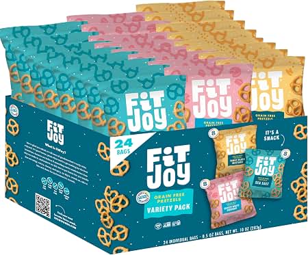 FitJoy Pretzel Variety Pack — Sea Salt, Dijon Mustard & White Cheddar, Gluten-Free, Grain-Free, 24 Count (0.5 oz)