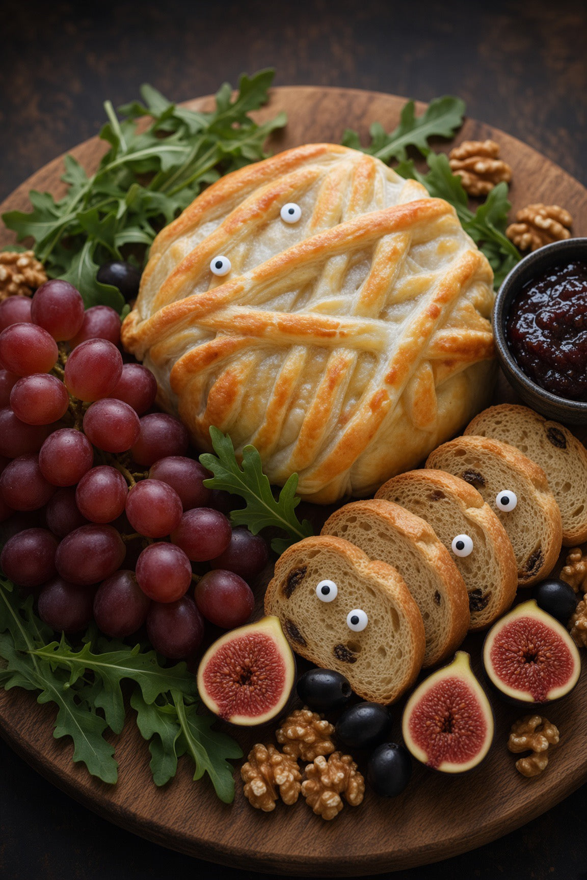Halloween Baked Brie En Croûte Mummy with Pumpkin or Ghost Bamboo Serving Tray - Cranberry, Orange & Pecans, Serves 6 - 8