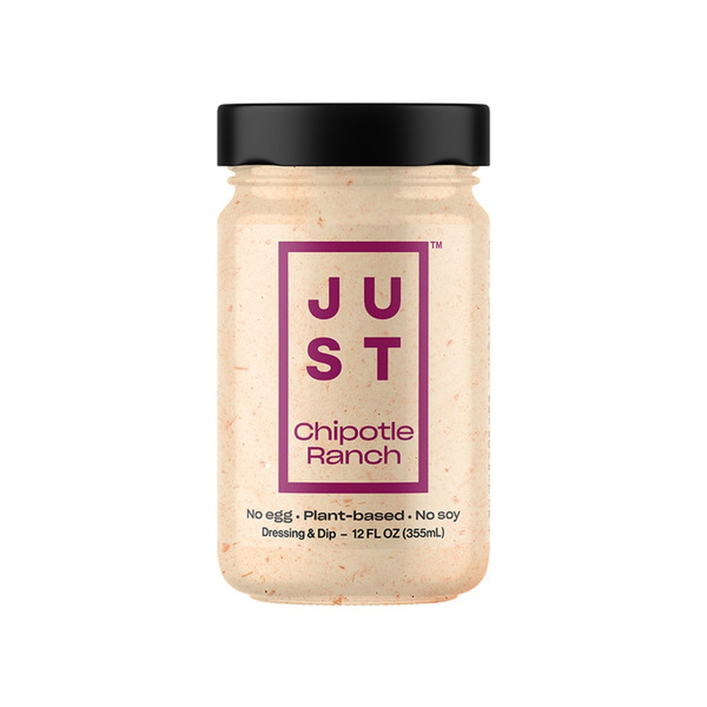 A jar of Just Chipotle Ranch dressing and dip on a solid white background. The product is in a clear glass jar showing the beige, textured sauce inside, with a black lid and a purple label featuring the brand name 'JUST' and 'Chipotle Ranch'.