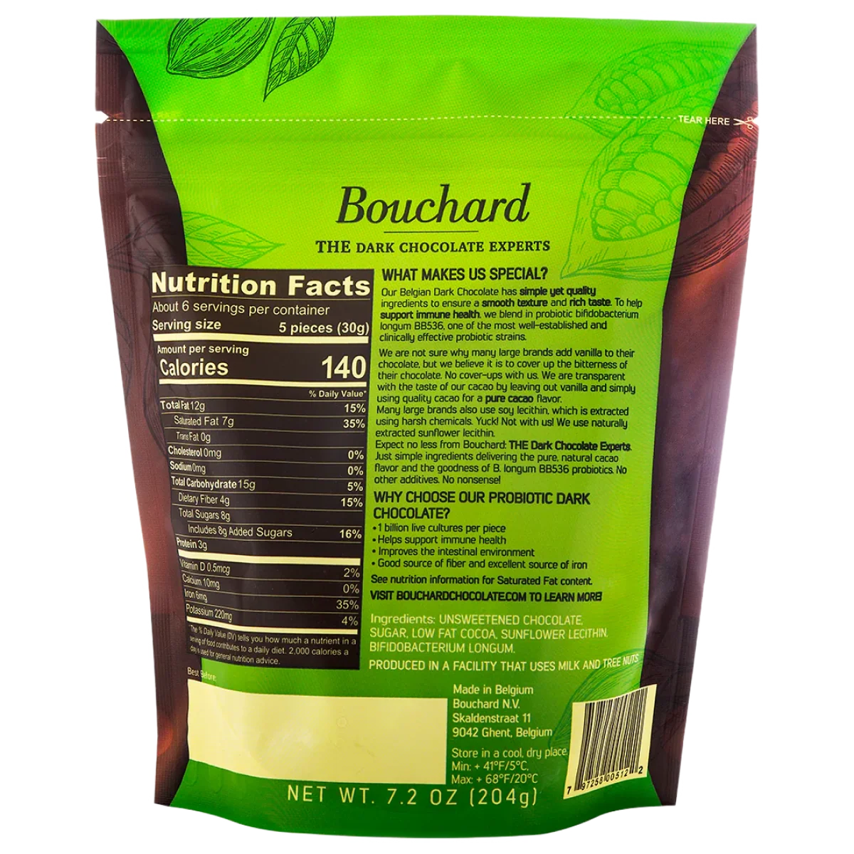 green bag back: Back of Bouchard probiotic dark chocolate bag showing nutrition facts, ingredients, milk and tree-nut facility warning, and Belgian origin