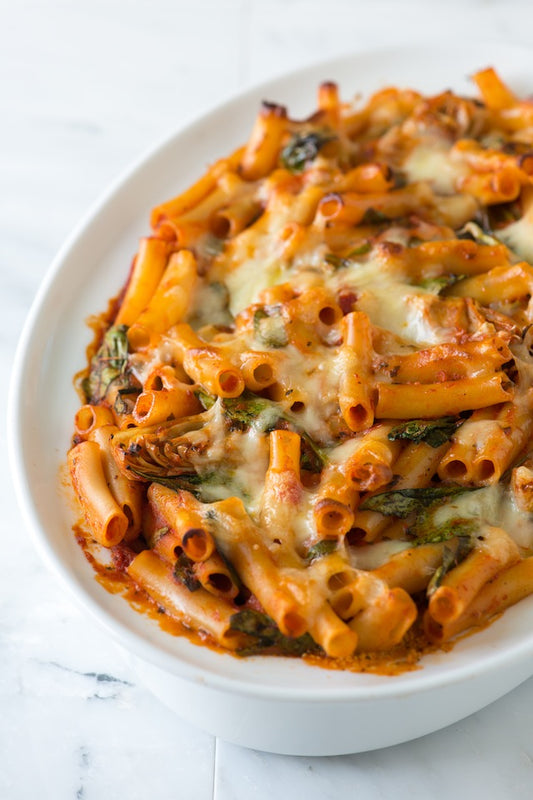 Simple Baked Ziti with Spinach, Artichokes and Pesto