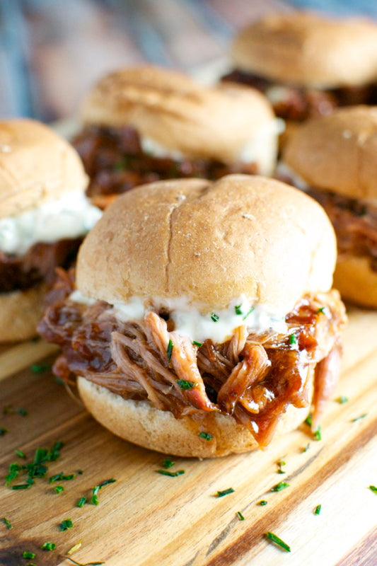 Pulled Pork Sliders with Garlic Aioli & Bacon BBQ Sauce