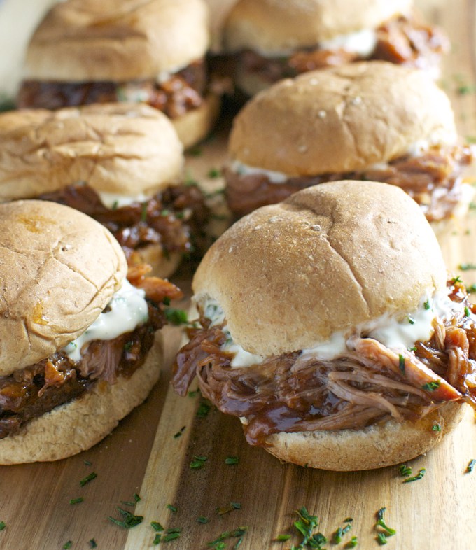 Pulled Pork Sliders with Garlic Aioli & Bacon BBQ Sauce