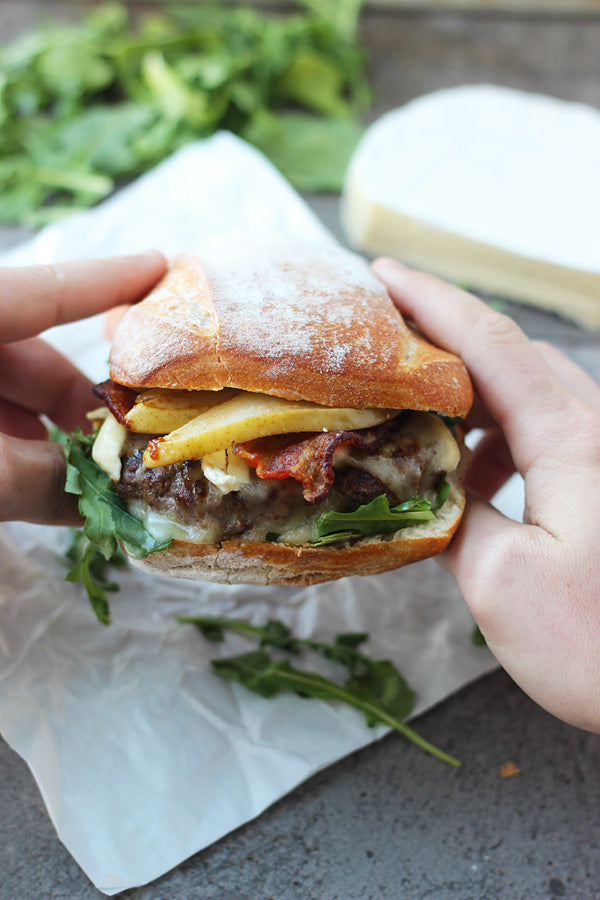 Bison Burgers with Brie, Bacon and Carmelized Pears