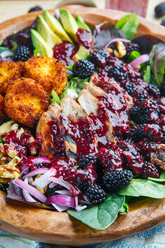 Blackberry Balsamic Grilled Chicken Salad with Crispy Fried Goat Cheese