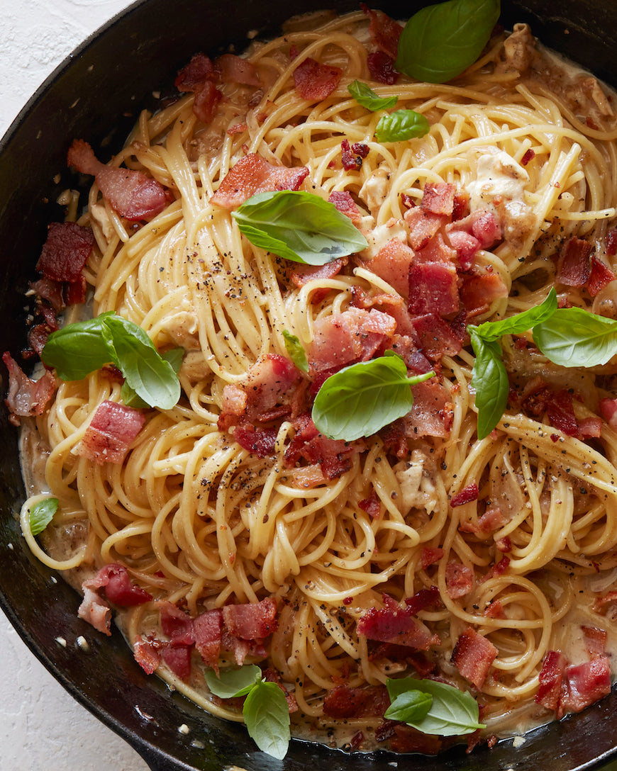 BRIE, BACON PASTA with BASILICO SAUCE
