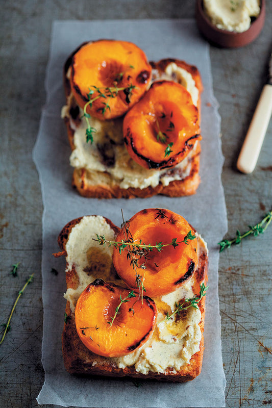 Brioche with thyme Roasted Peaches and Vanilla Mascarpone
