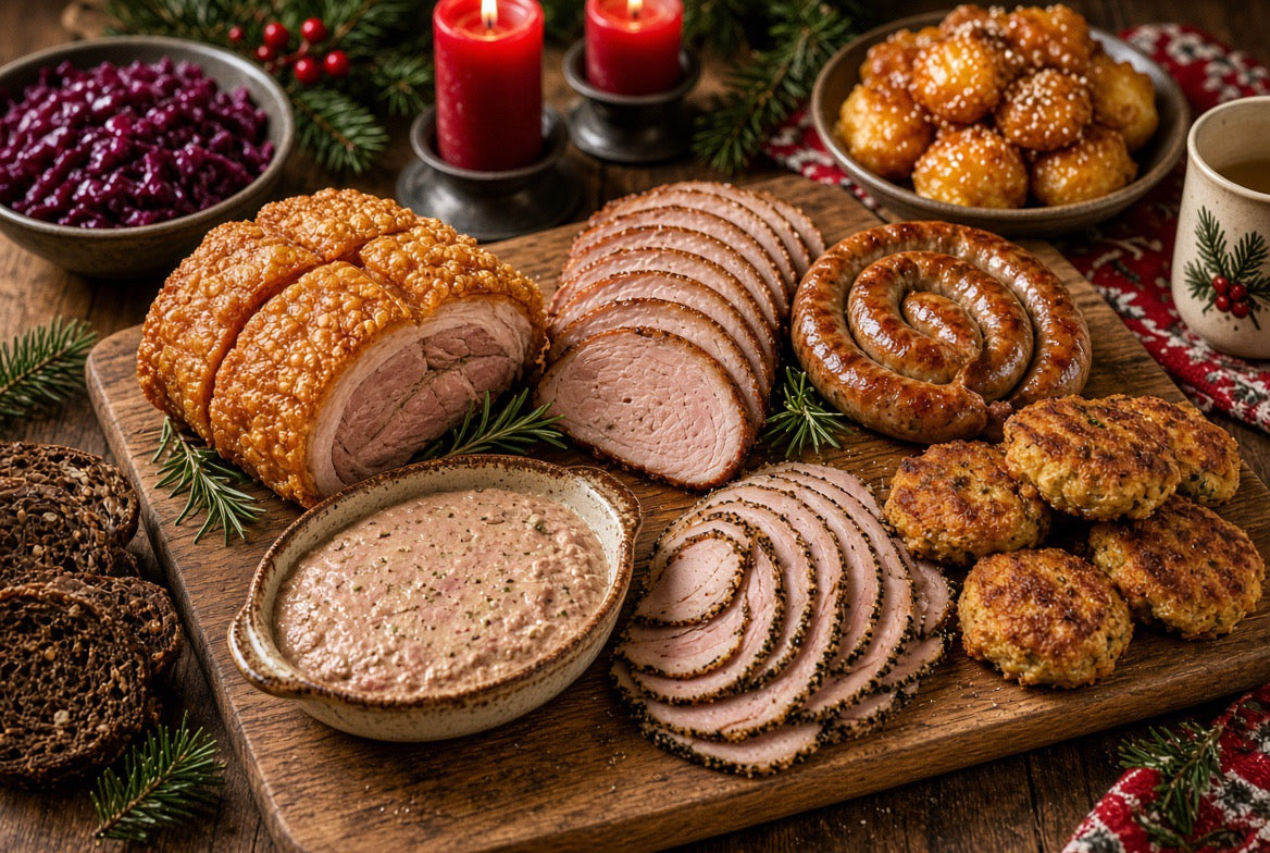 Julefrokost serving board with roast pork, smoked loin, sausage, pâté, rolled pork, and meatballs beside holiday sides.
