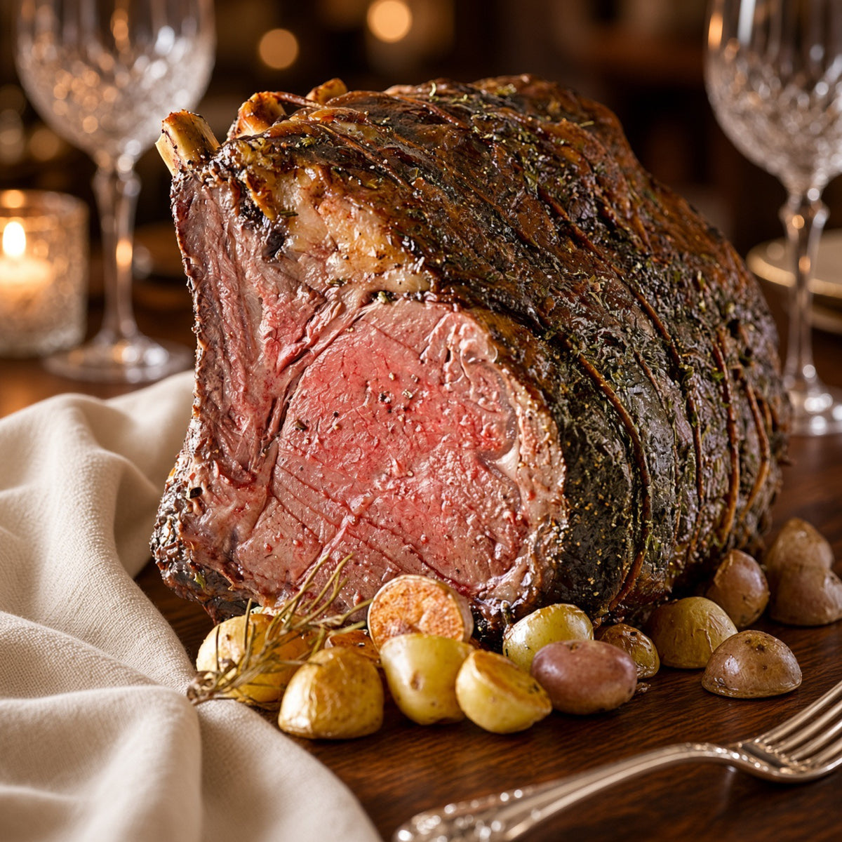 A large roasted  prime ribeye roast with a pink center and dark brown seared exterior, served on a wooden table with roasted potatoes, a beige cloth napkin, and wine glasses in the background.