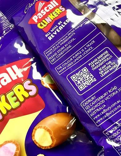 Close-up of Pascall Clinkers packaging showing Australian origin, storage instructions and a recycling QR code.