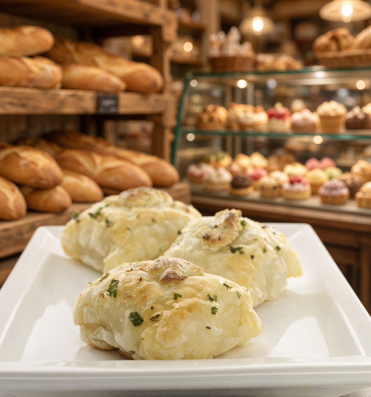 Three petite Coq au Vin bites on a platter in front of a bakery display