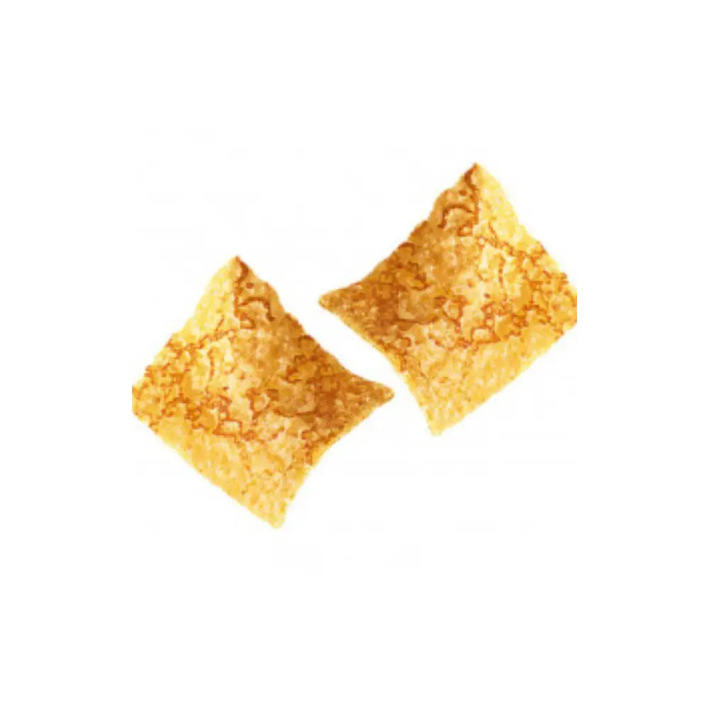 Two golden square Brets crêpe chips on a white background
