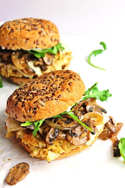 CAULIFLOWER QUINOA BURGERS WITH MUSHROOMS AND ONIONS