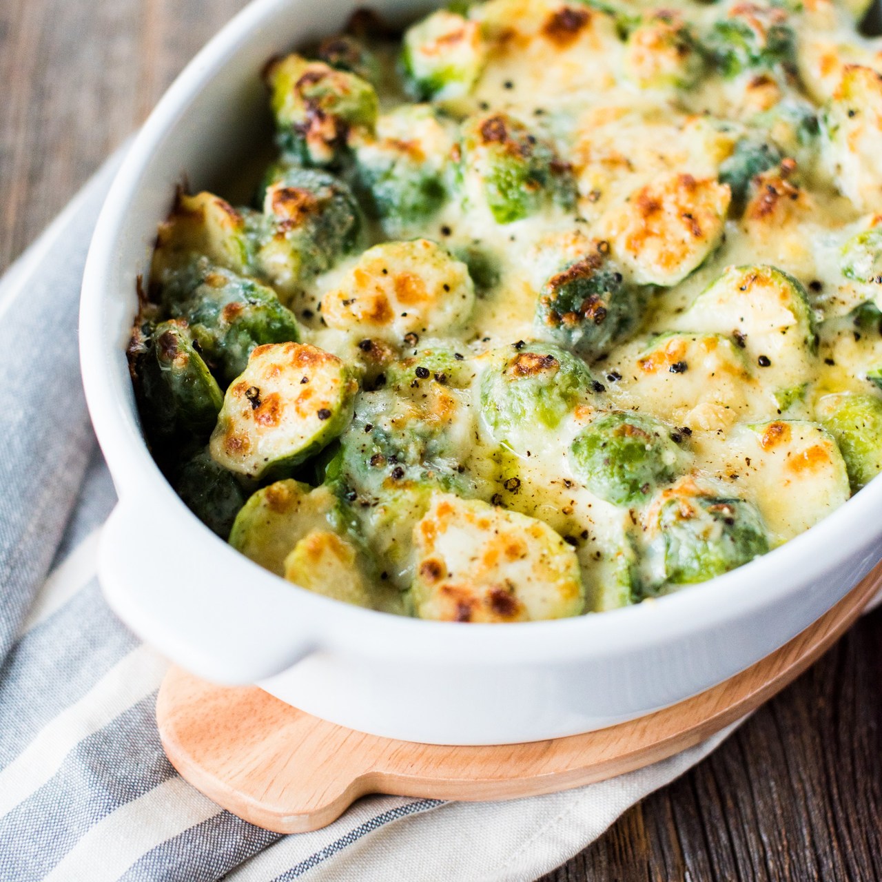 Cheesy Garlic Brussels Sprout Bake