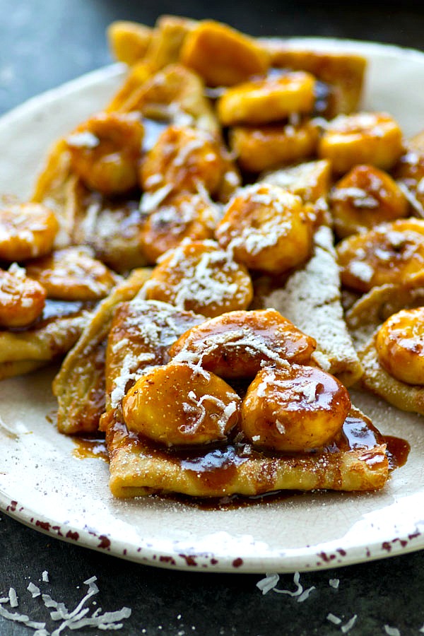 Coconut Crepes with Caramelized Banana Sauce